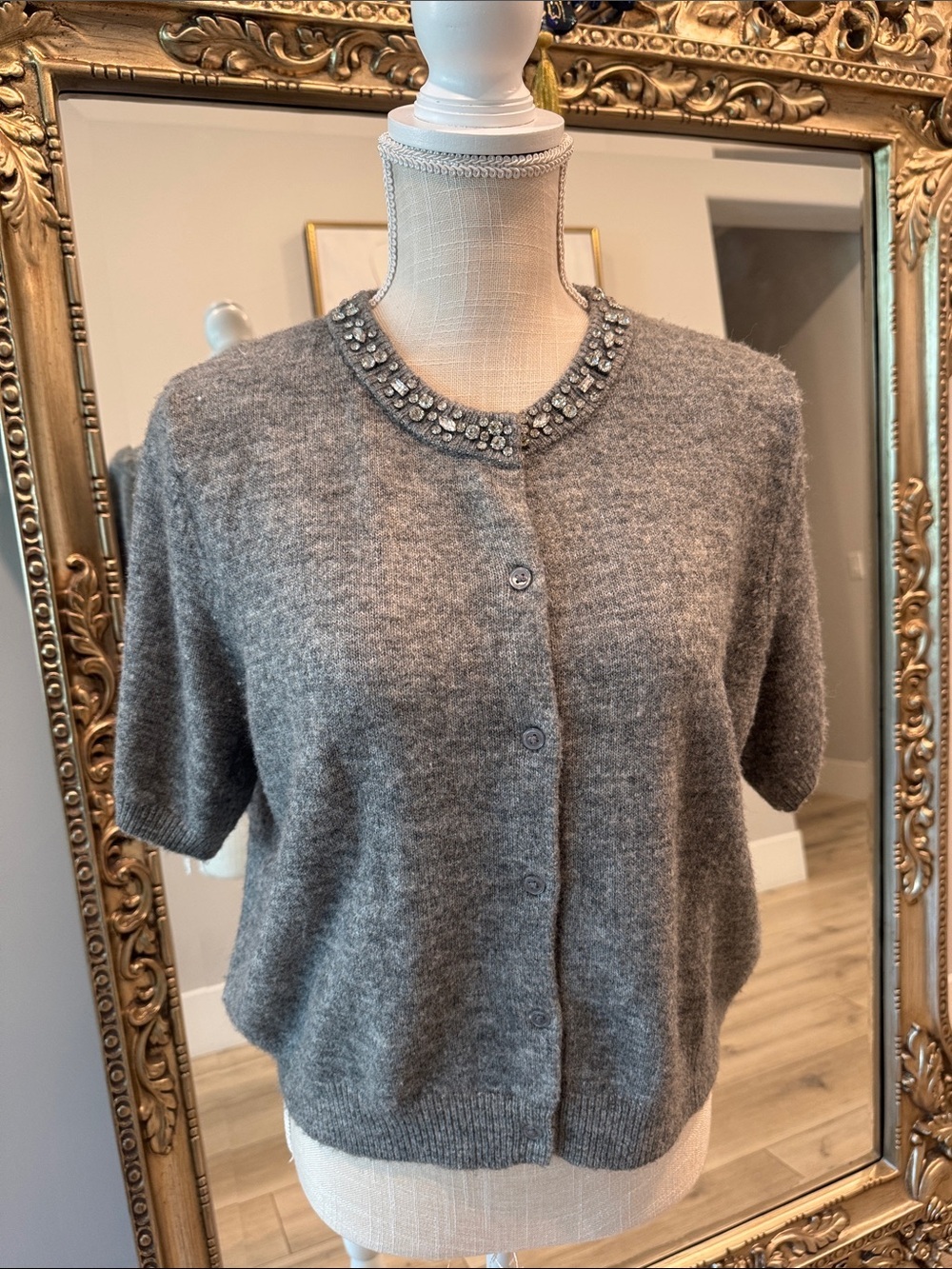 H&M Gray Jeweled Collar Short-Sleeve Cardigan Sweater